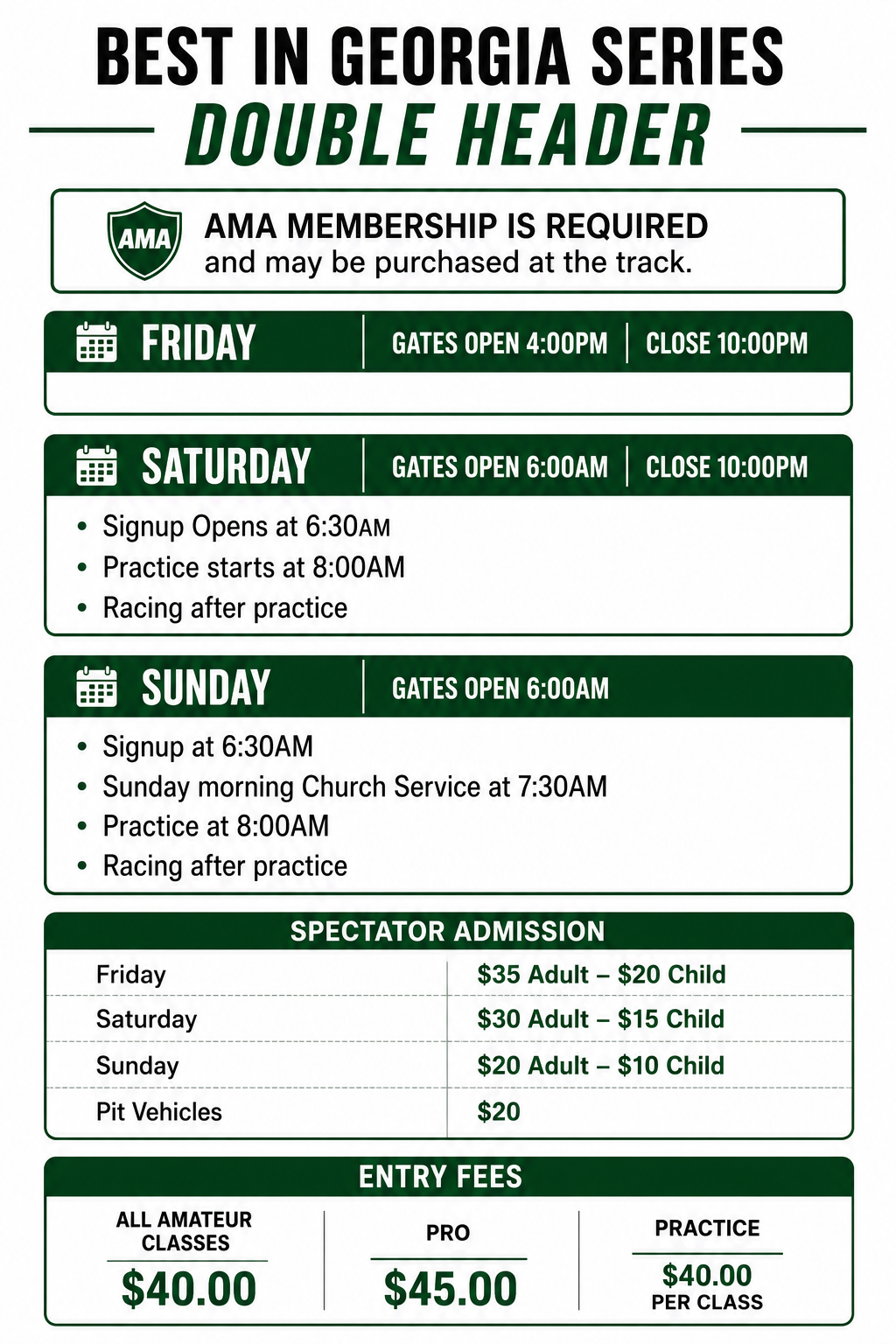 Best in Georgia Series Double Header — schedule, admission, and entry fees